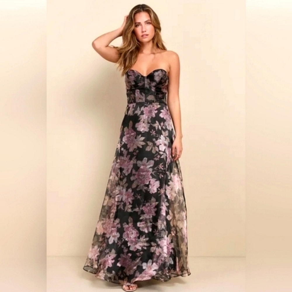 Lulus Exclusive Glamour Black Floral Organza Strapless Maxi Dress